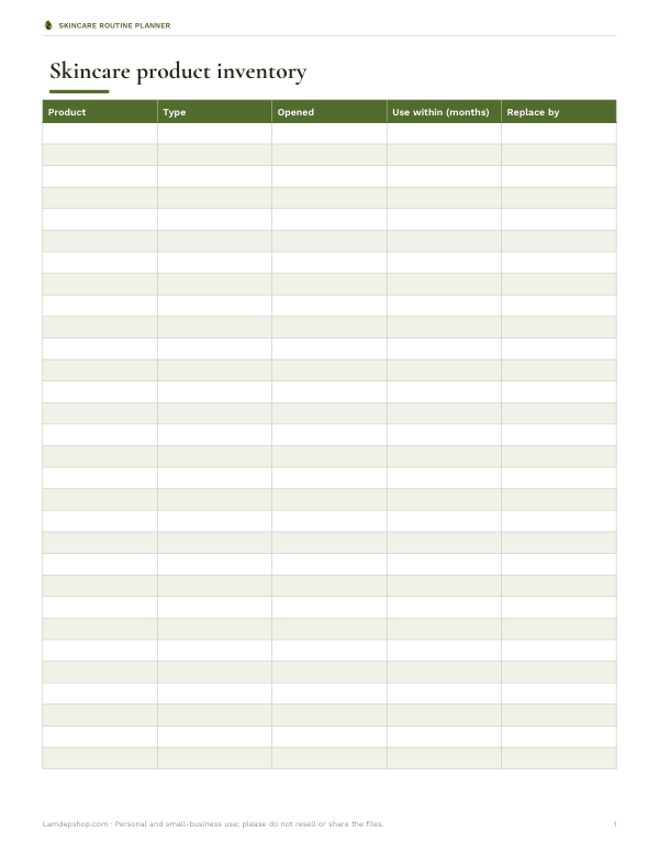 Preview of Printable Skincare Product Inventory